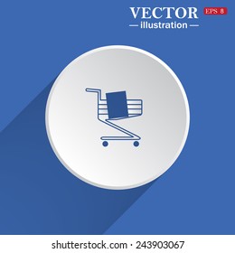 Shoping basket , white circle on a blue background with shadow. Vector illustration, EPS 8