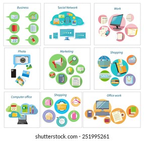Shoping and different goods. Modern marketing process. Analysis and searching. Social network, computer office, shopping, delivery and office work. Working process of business team in flat design