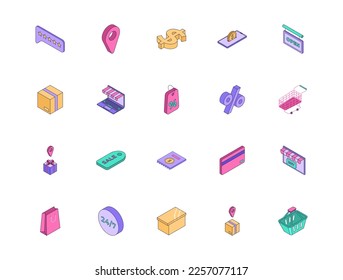 Shoping icon isometric set. Modern 3d icon style. Online shopping cncept. Web mobile app infographics icon set. Card, shopper bag, credit card, money and gift box shop collection. Vector illustration