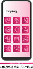 shoping icon set. included calendar, gift, newsletter, profits, 24-hours, mortgage, package, chat, price tag, discount, trolley icons on phone design background . linear styles.