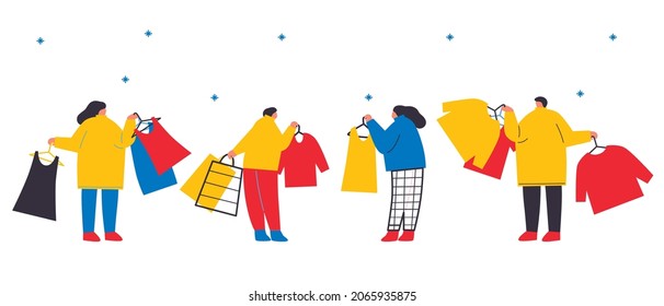 Shoping. Set of colorful abstract people vector illustration. Men, women, children winter clothes from the store with purchases. Happy New Year. Cartoon characters.