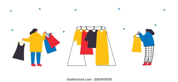 Shoping. Set of colorful abstract people vector illustration. Men, women, children winter clothes from the store with purchases. Happy New Year. Cartoon characters.