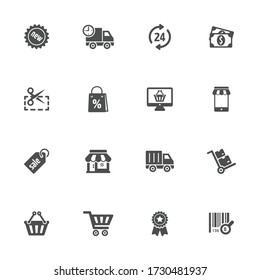 Shoping , store flat icons in gray. Set of 16 pieces.