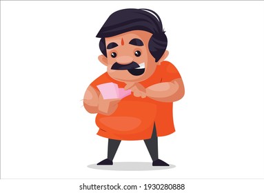 Shopkeeper is counting money. Vector graphic illustration. Individually on a white background.