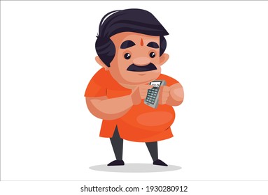 Shopkeeper is holding calculator. Vector graphic illustration. Individually on a white background.