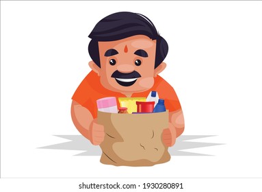 Shopkeeper holding grocery products in hand. Vector graphic illustration. Individually on a white background.