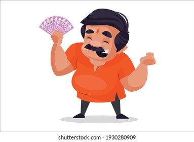 Shopkeeper is holding money in hand. Vector graphic illustration. Individually on a white background.