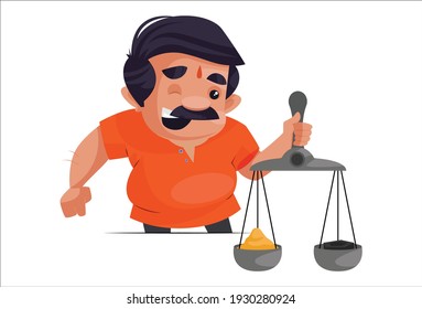 Shopkeeper is holding scales in hand. Vector graphic illustration. Individually on a white background.