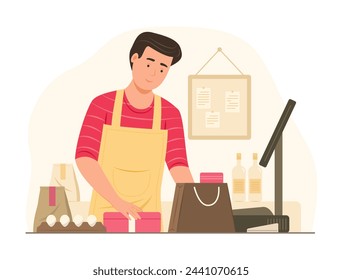 Shopkeeper Man Staff Working at Cashier Counter of Grocery Store