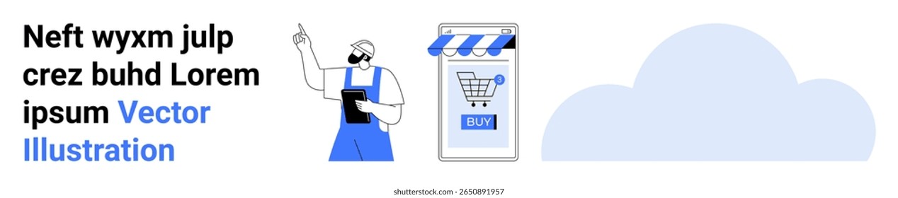 Shopkeeper pointing at text, digital storefront with shopping cart icon and buy button, blue cloud shape. Ideal for e-commerce, digital marketing, online shopping, web design, business presentations