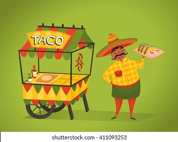 Shopkeeper sells tacos on the street. Mexican food. Vector illustration. Street food.