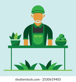 Un Dibujo De Vector De Camarero Sirviente De Tienda.