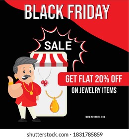 Shopkeeper is showing jewelry with 20 percent off on sale on Black Friday banner design.