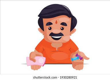 Shopkeeper showing money and toffee in hand. Vector graphic illustration. Individually on a white background.