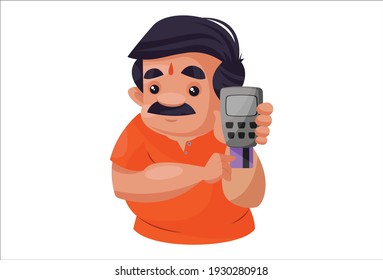 Shopkeeper is swiping card in machine. Vector graphic illustration. Individually on a white background.