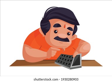 Shopkeeper is working on calculator. Vector graphic illustration. Individually on a white background.