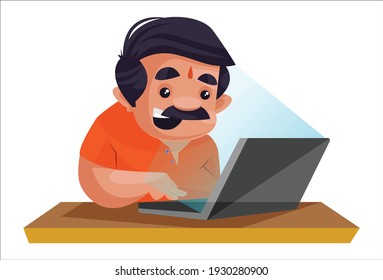 Shopkeeper is working on laptop. Vector graphic illustration. Individually on a white background.