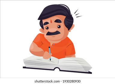 Shopkeeper is writing with pen on notebook. Vector graphic illustration. Individually on a white background.