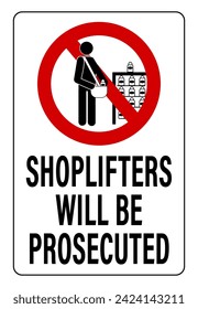 Shoplifters will be prosecuted. Ban sign with person putting goods into a shoulder bag. Text below.