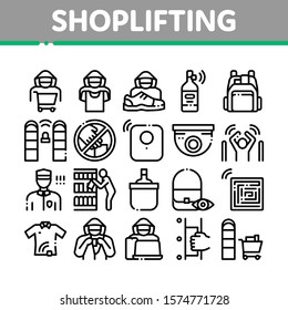 Die Symbole der Shoplift-Kollektion setzen Vektordünner. Videokamera und Wachsicherheit von Shoplift, menschlicher Shoplifter Silhouette Konzept Lineare Piktogramme. Monochrome Stressbilder