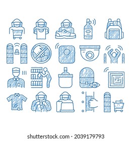 Shoplifting Elements sketch icon vector. Hand drawn blue doodle line art Video Camera And Guard Security From Shoplifting, Human Shoplifter Silhouette Illustrations