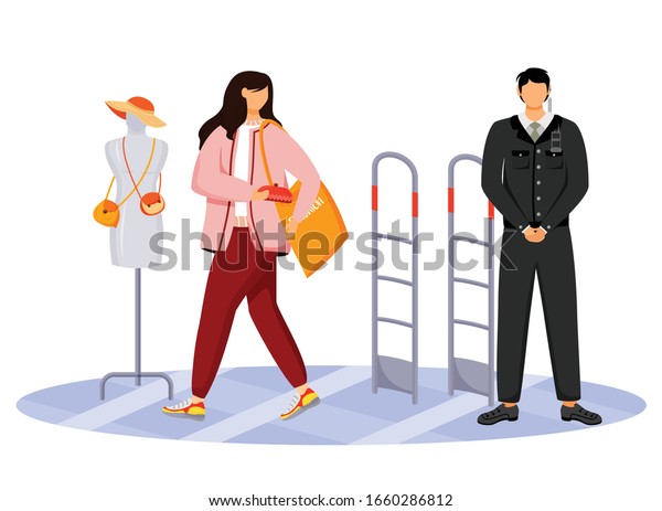 Shoplifting flat color vector faceless\
character. Kleptomania. Store theft. Woman stealing purse from\
shop. Thief and security guard in shopping mall. Larceny. Isolated\
cartoon\
illustration