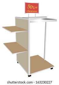Shoplifting sided shelf with hanger and information on discounts. Vector illustration.