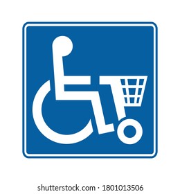 Shopmobility sign. Blue square with wheelchair and shopping cart inside. Disabled icon. Vector illustration of handicapped sign isolated on white background. 