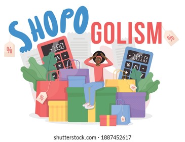 Ilustración vectorial de concepto plano de Shopogolismo. Venta del viernes negro. Adicción a las compras. Caricatura fotográfica 2D para diseño web. Consumo y consumo excesivo de ideas creativas
