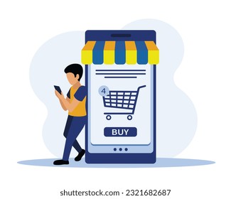 Shopper adding items to shopping cart on online shop website. Faceless guy with mobile phone in hands leaning against huge smartphone. Flat vector illustration