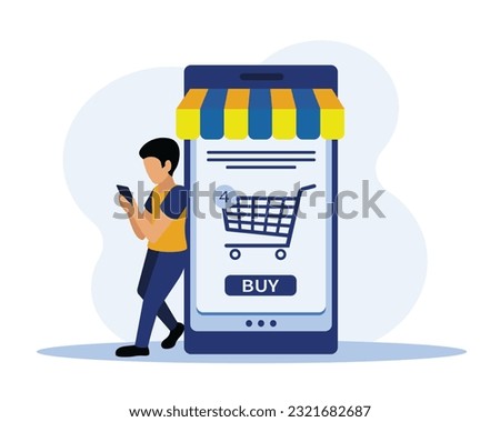 Shopper adding items to shopping cart on online shop website. Faceless guy with mobile phone in hands leaning against huge smartphone. Flat vector illustration