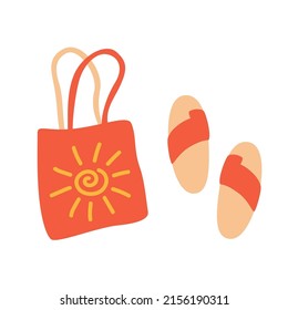Shopper-Tasche und Flip-Flops. Attribute für Sommerurlaube einzeln auf weißem Hintergrund. Flache Vektorgrafik, Clipart-Kunst.