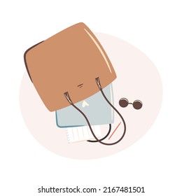 Shopper bag with laptop, note pad and sunglasses. Working days concept illustration 