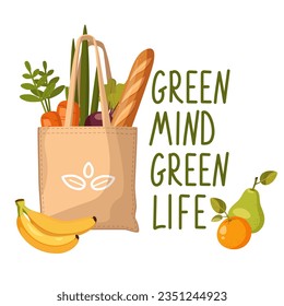 Shopper bag made of eco-friendly fabric with vegetables, fruits. Reusable canvas tote bag. Green mind, life and shopping concept. Flat vector illustration isolated on white background