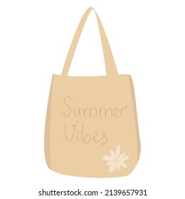 shopper bag is a bag, with a text summer vibes and a flower. Reusable shopping bag. Eco-bag for products. Vector