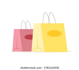 Shopper bags, paper packages for shopping isolated on white background. Purchases or gifts in packages. Vector flat illustration of design elements for discount sale, retail, advertising and promotion
