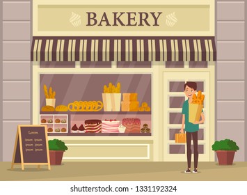 Shopper with baguette near bakery shop, store