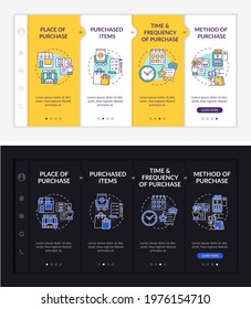 Shopper behavior patterns onboarding vector template. Responsive mobile website with icons. Web page walkthrough 4 step screens. Payment methods night and day mode concept with linear illustrations