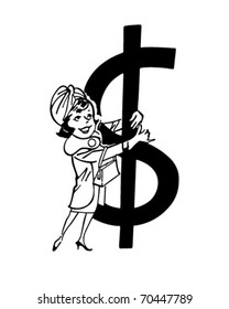 Shopper With Big Dollar Sign - Retro Clipart Illustration