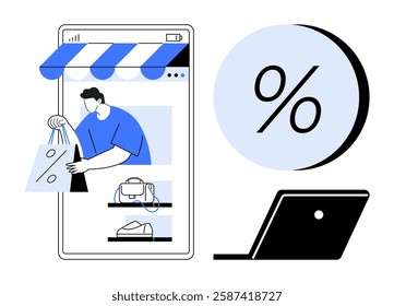 Shopper browses online store on mobile device. Large percentage symbol, laptop silhouette. Ideal for e-commerce, mobile shopping, digital discounts, online marketing, sales promotions, retail apps
