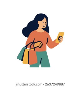 Shopper checking phone with shopping bags illustration design element