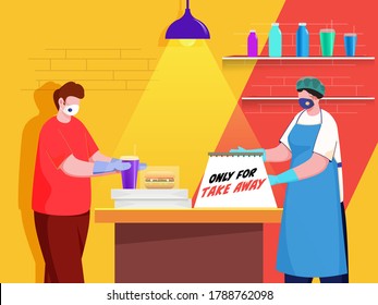 Shopper And Customer Man Wear Both Protective Mask With Message Board Of Only For Take Away At Table During Coronavirus (Covid-19).