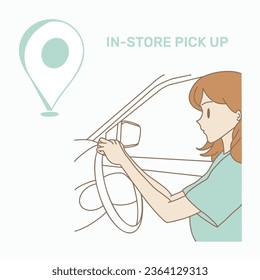 Shopper driving car to shop, ordering online, choosing the location and picking up products at store. Hand drawn flat cartoon character vector illustration.