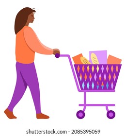Shopper. A girl with a basket in the store, buying, choosing products, a man with a cart, a woman goes to buy. People in the store. Going to the store for a sale. Vector illustration.