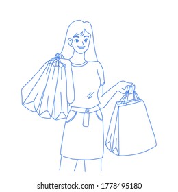 Shopper girl is happy to shopping. Character design of vector. Doodle illustration style.