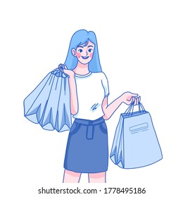 Shopper girl is happy to shopping. Character design of vector. Doodle illustration style.