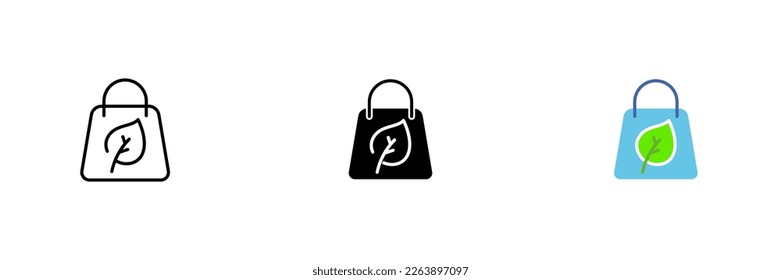 Shopper icon with leaves sign. Green Peace, protect the planet, stop toxic emissions into the atmosphere. Vector set of icons in line, black and colorful styles isolated on white background.