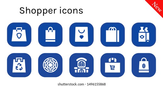 shopper icon set. 10 filled shopper icons.  Collection Of - Shopping bag, Eco bag, Dart board, Mall