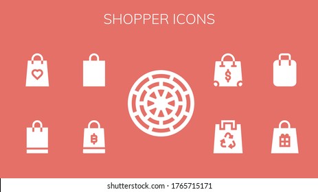 shopper icon set. 9 filled shopper icons.  Simple modern icons such as: Dart board, Shopping bag, Gift bag, Eco bag