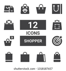 shopper icon set. Collection of 12 filled shopper icons included Shopping bag, Dart board